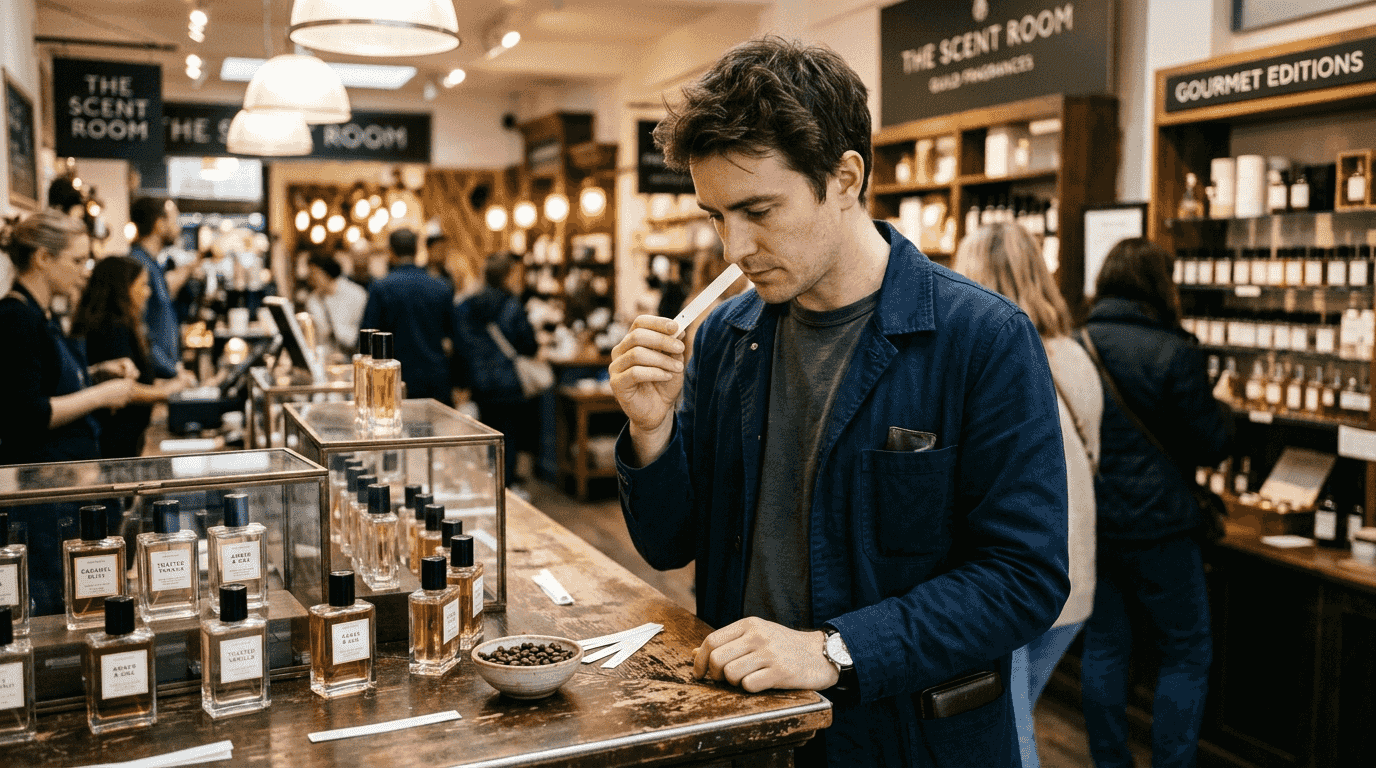 Man testing caramel gourmand perfume in store