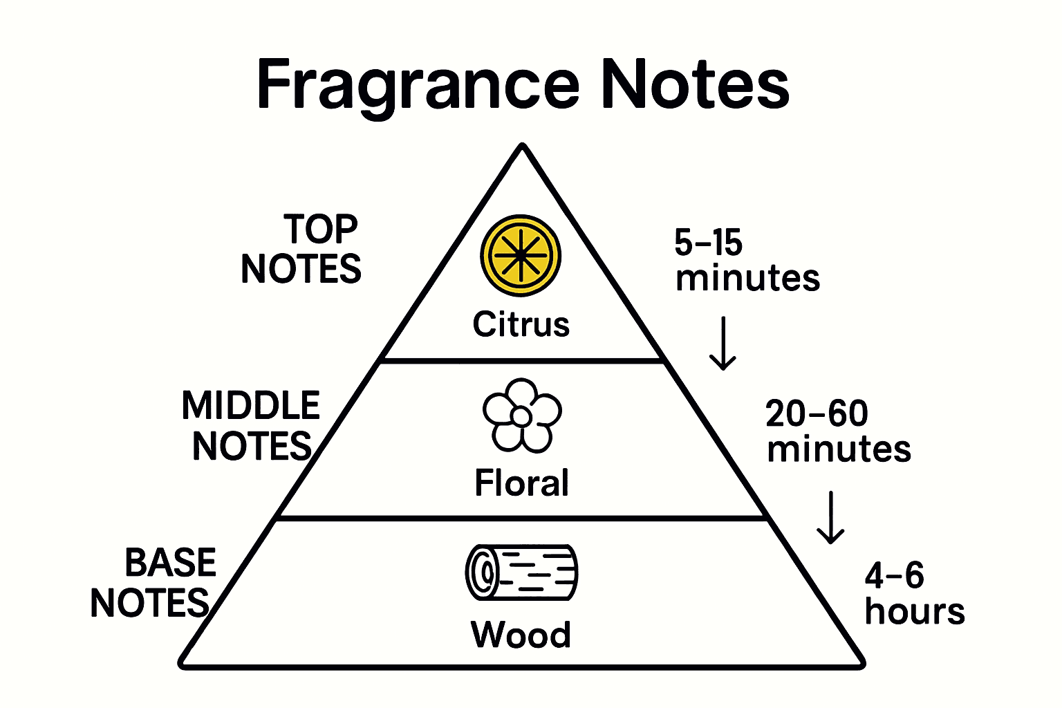 Infographic showing layers of a fragrance pyramid with icons for top, middle, and base notes.