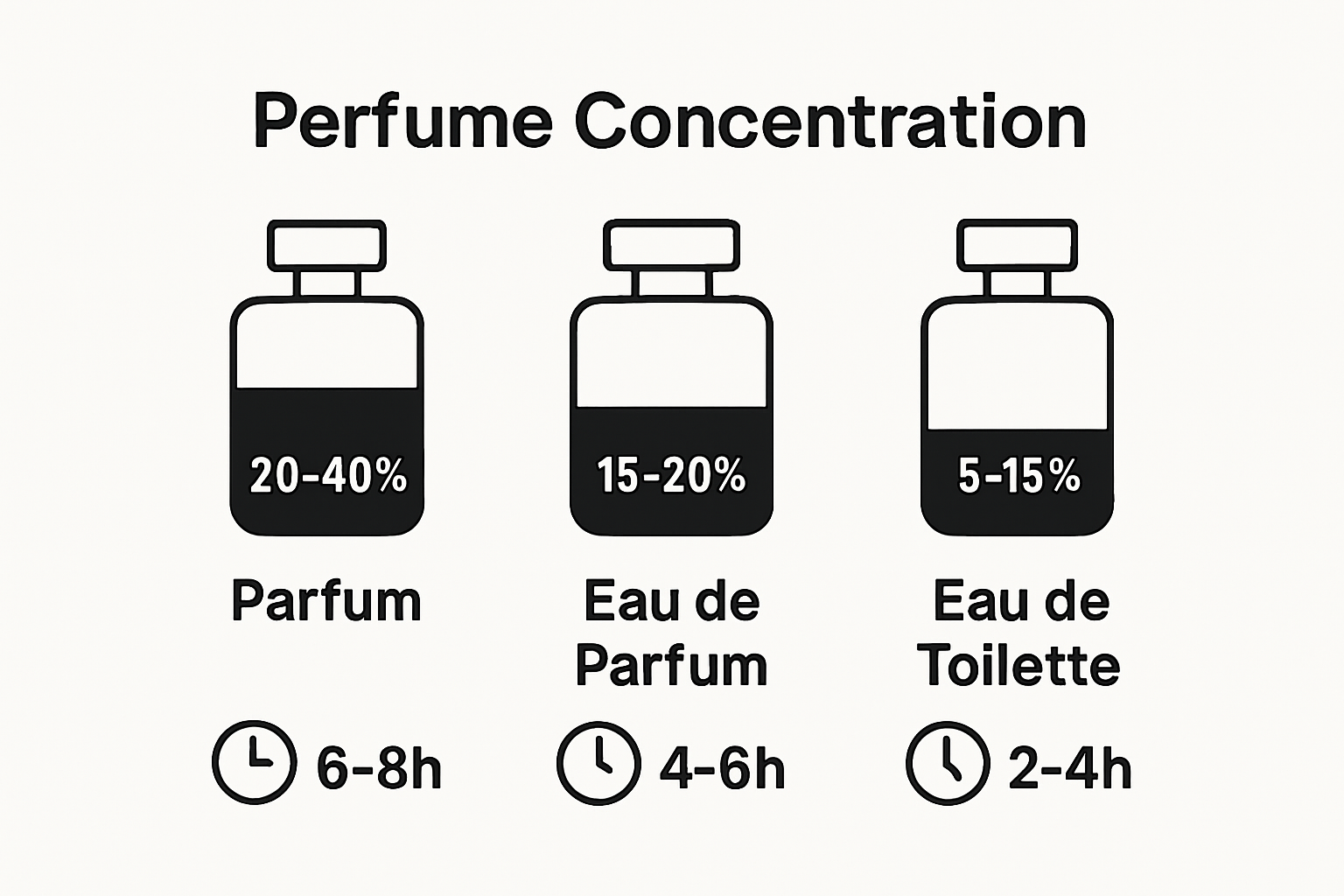 Infografia que compara tipos de concentração de perfume e duração
