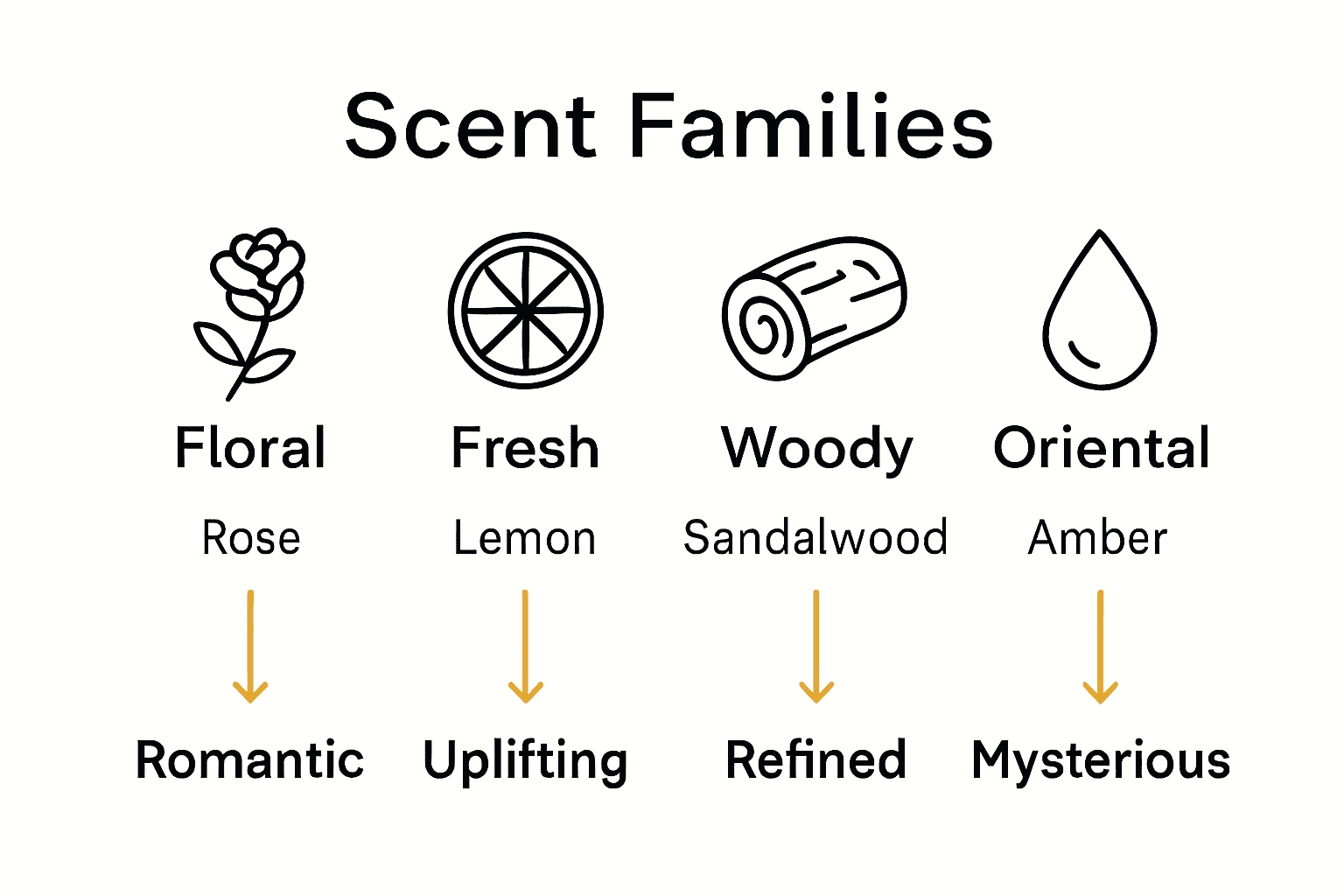 Infographic comparing four primary scent families with notes and moods.