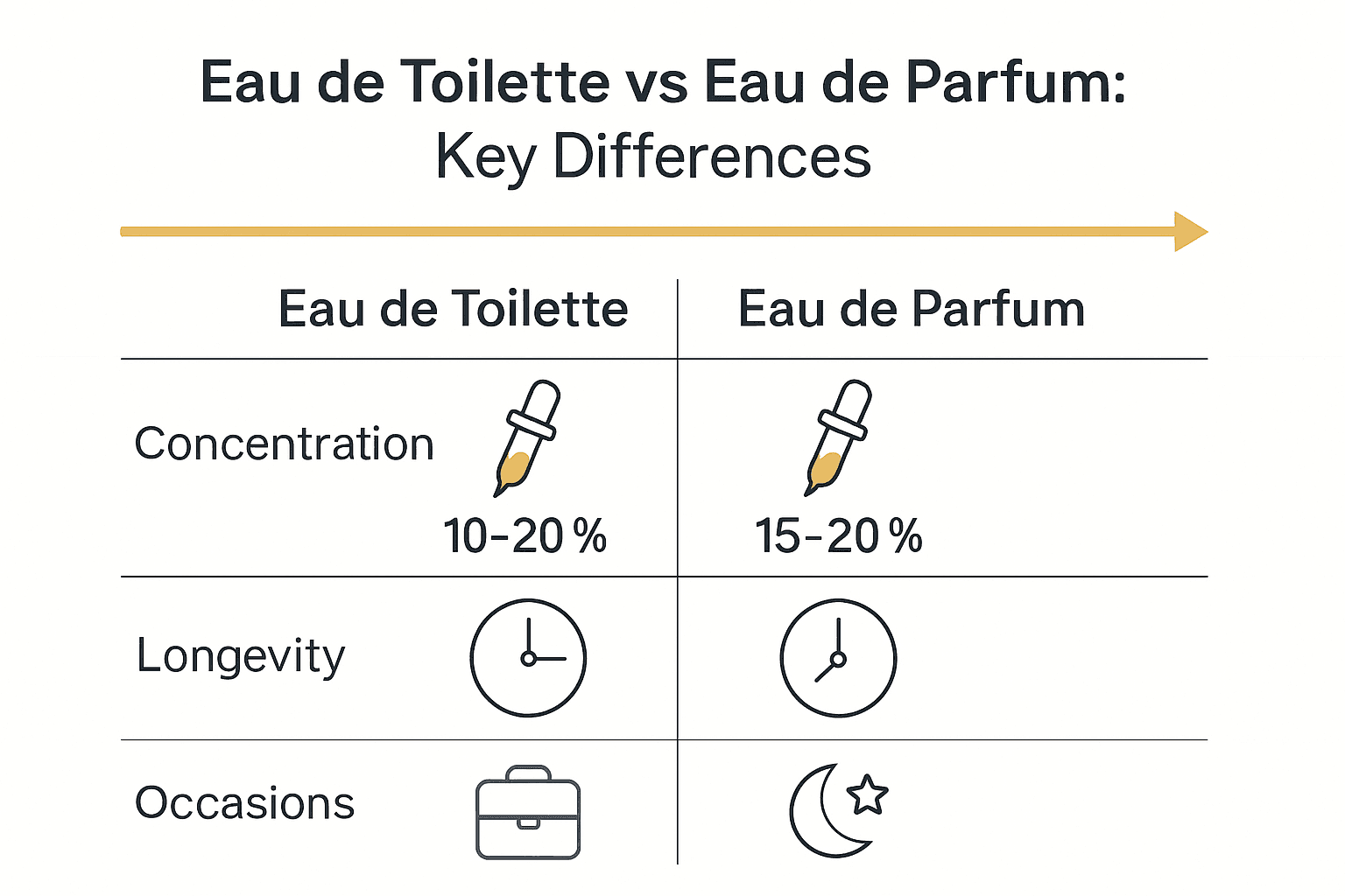 Infographic comparing concentration, longevity, and usage of eau de toilette and eau de parfum.