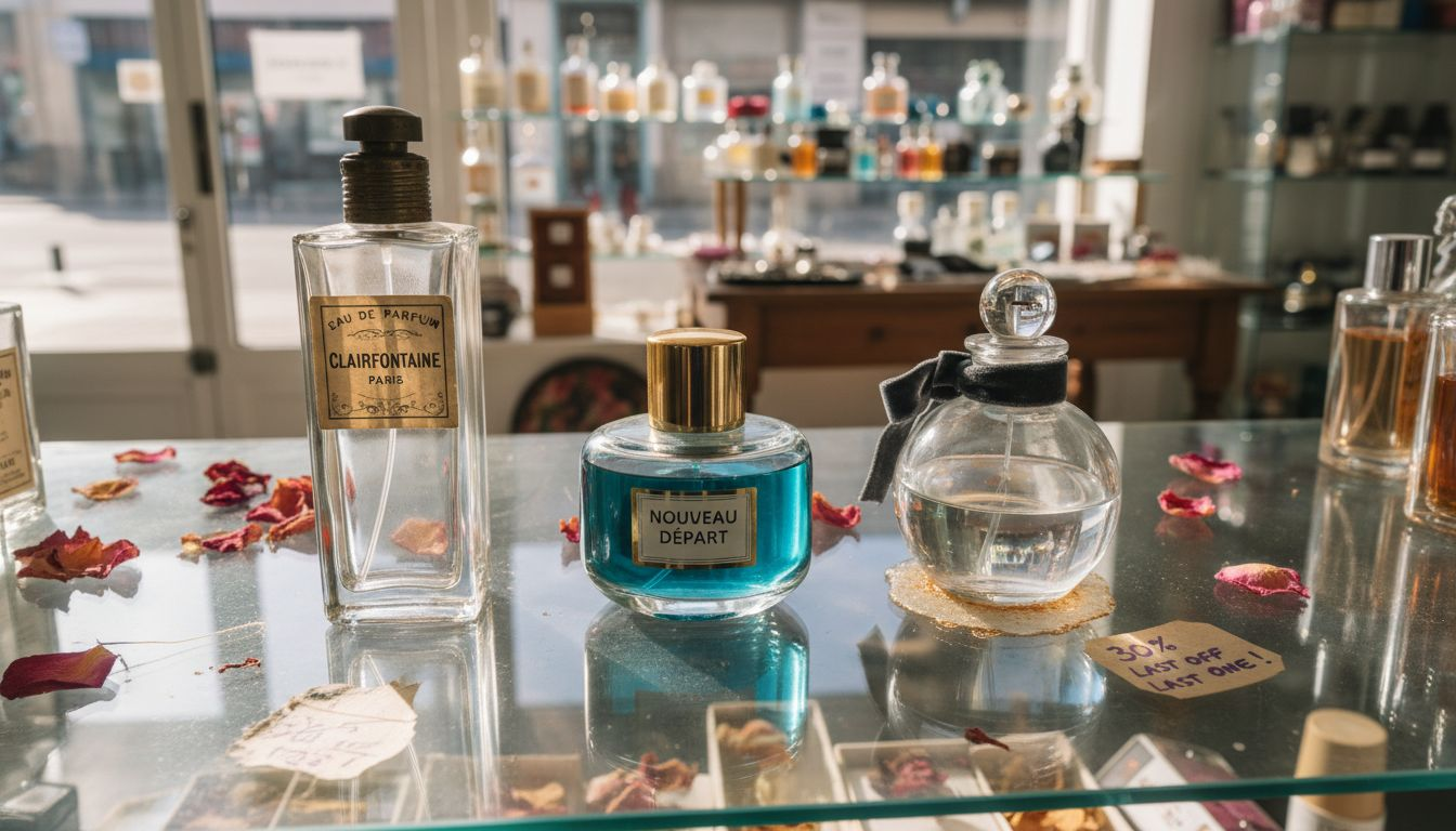 Three varied perfume bottles on boutique shelf