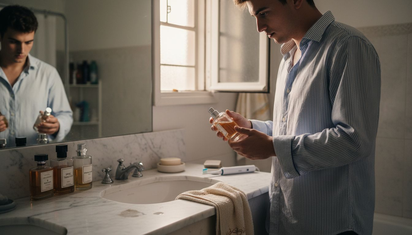 Man comparing different perfume bottles