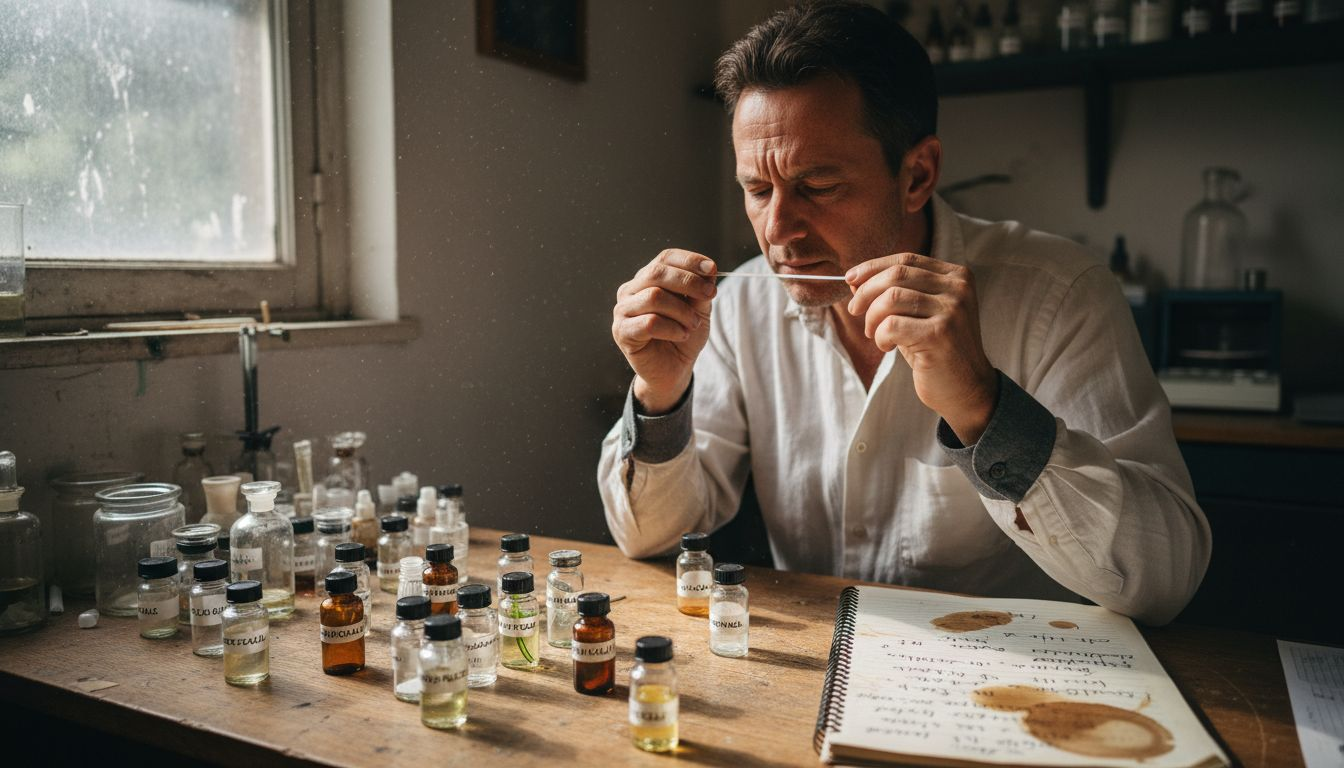 Perfumer evaluating scent at worktable