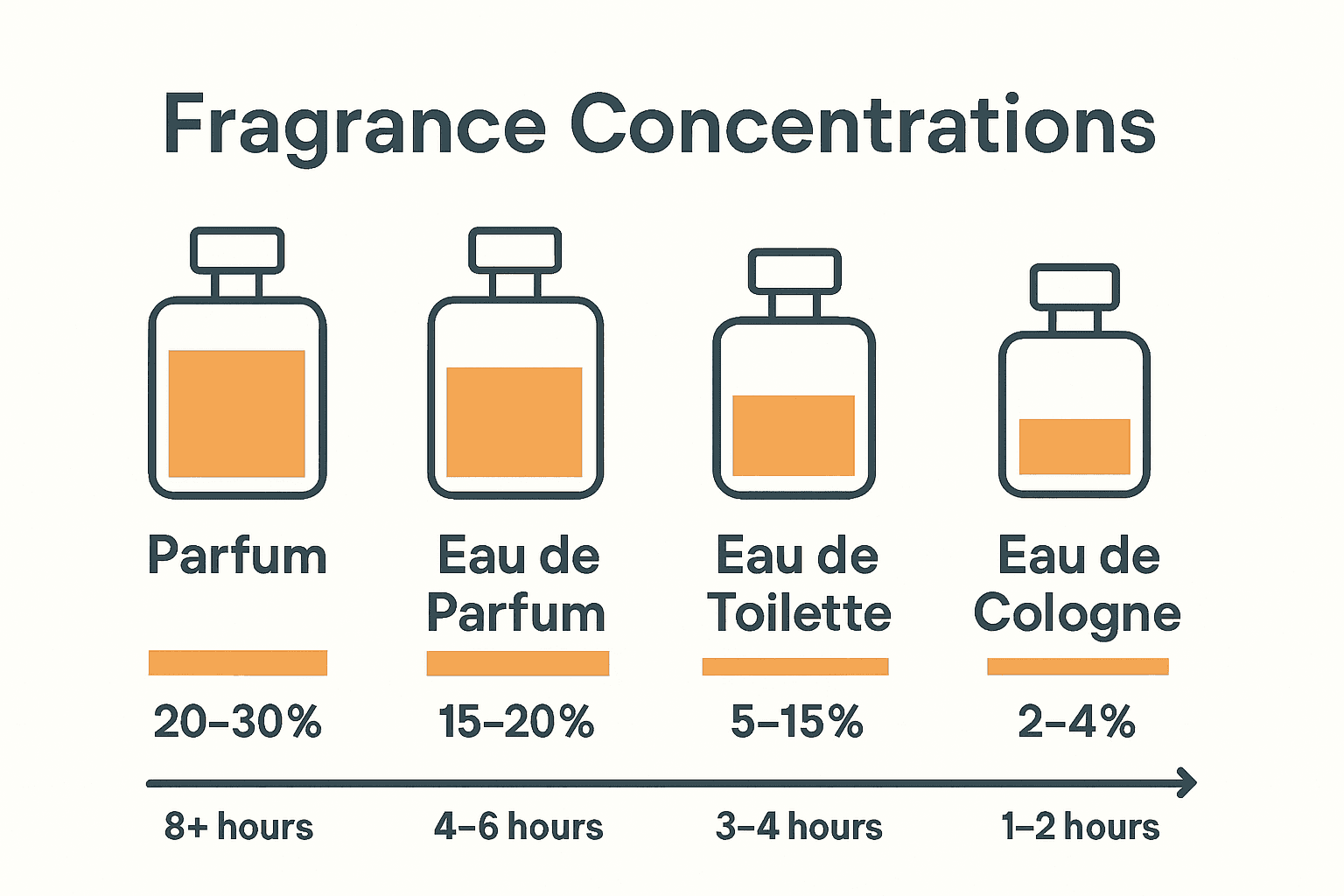 Infographic with perfume concentration levels, longevity, and icons