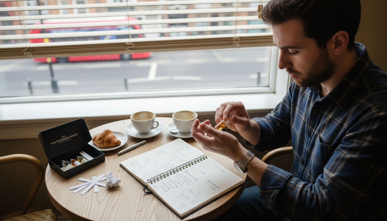 Man testing perfume on wrist at cafe