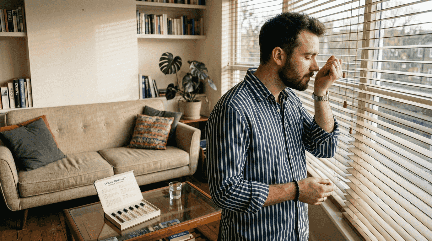 Man evaluating scent by window in lived-in room