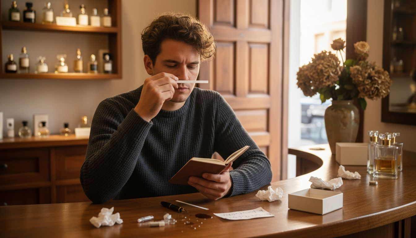 Man taking notes while testing perfume scents