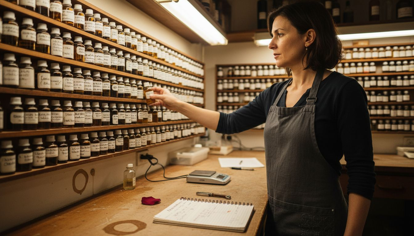 Perfumer reaching for vial amid fragrance library