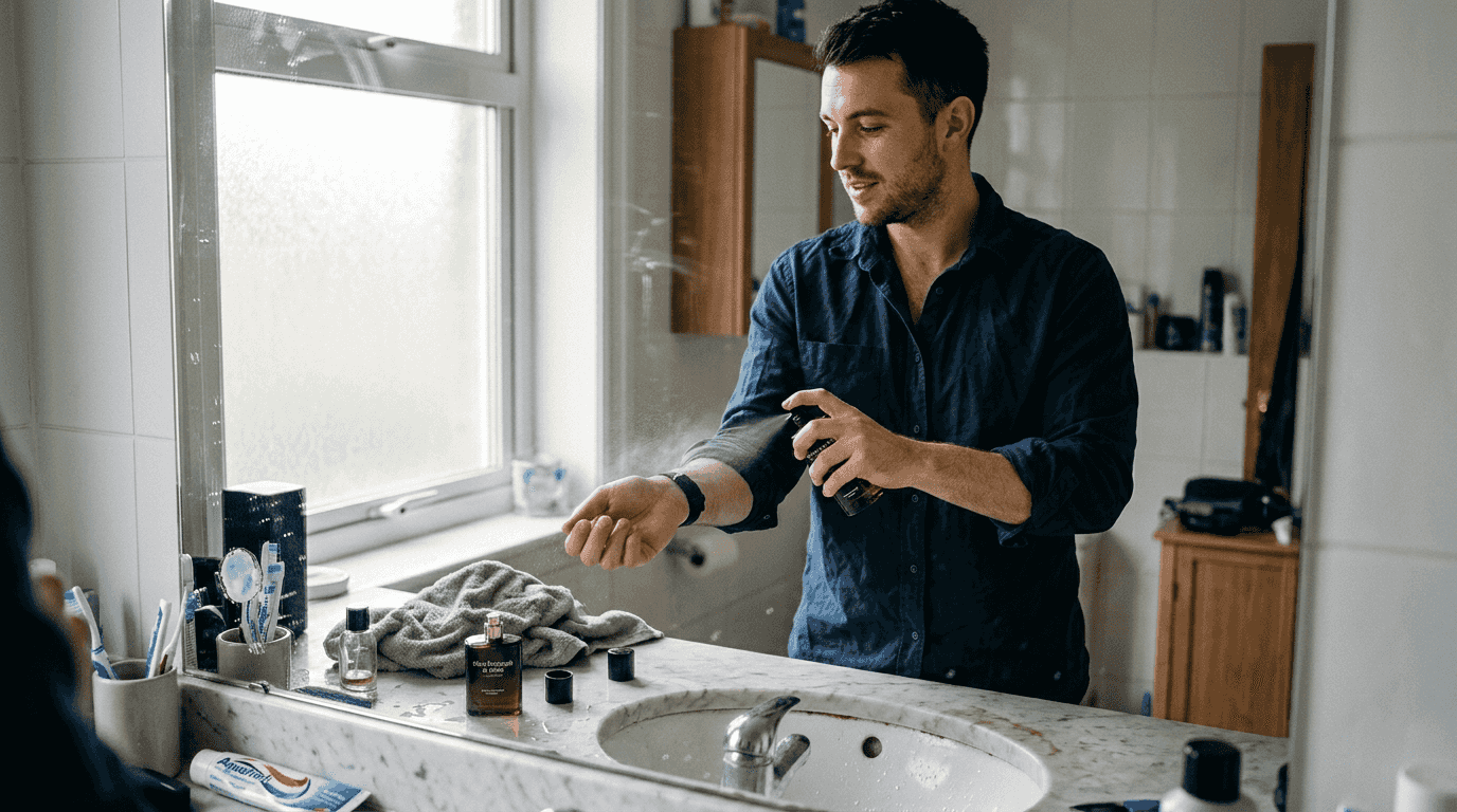 Man applying fragrance at bathroom counter