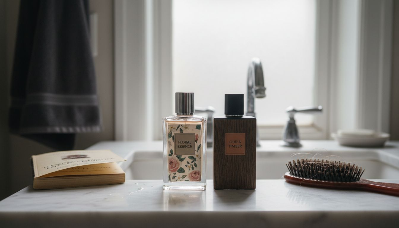 Floral and woody perfume bottles on countertop
