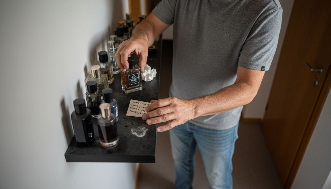 Perfume bottle shelf with arranged scents
