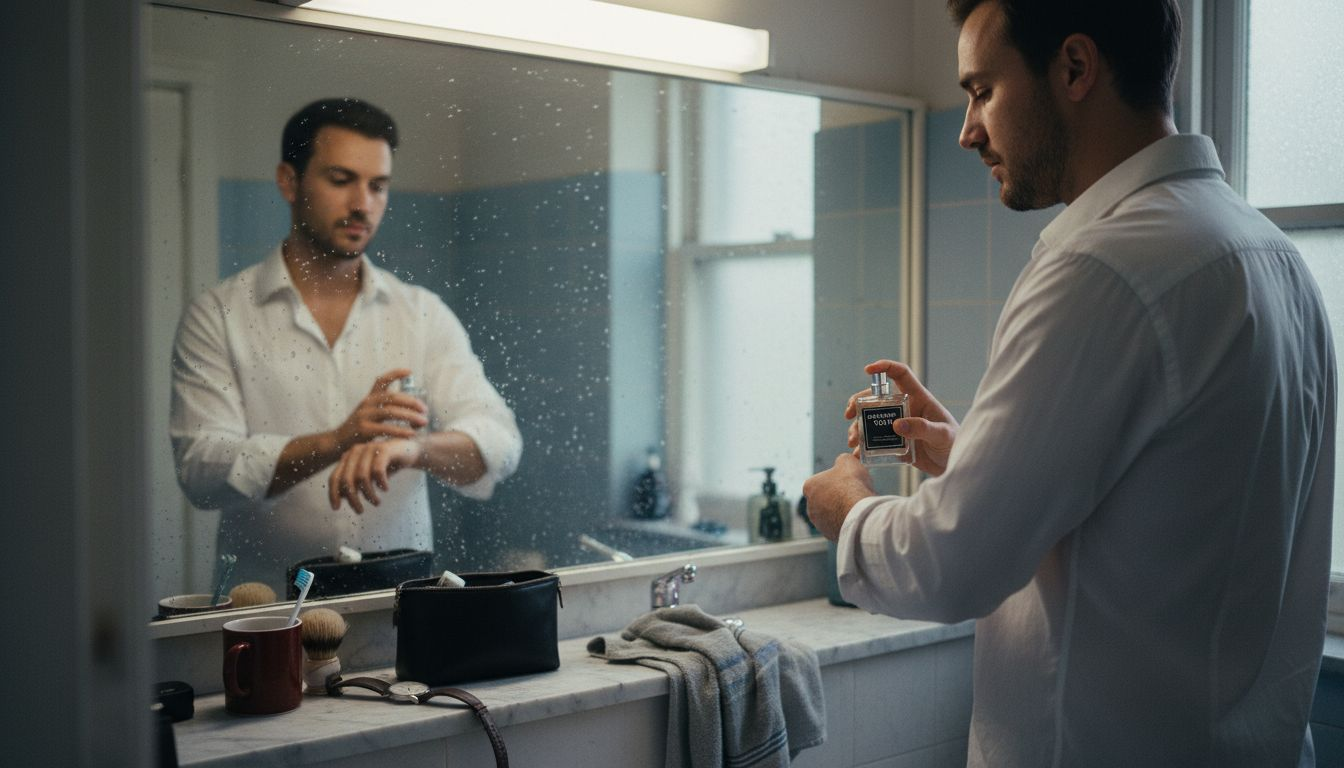 Man applying cologne at bathroom sink