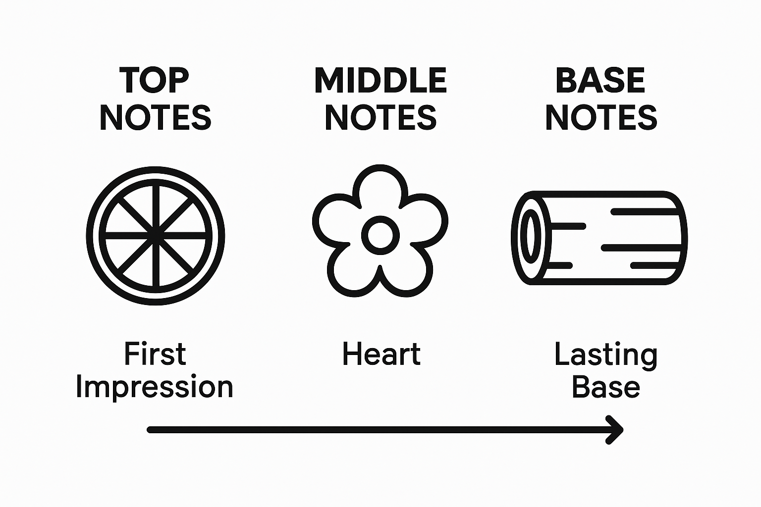Timeline chart showing top, middle, and base perfume notes