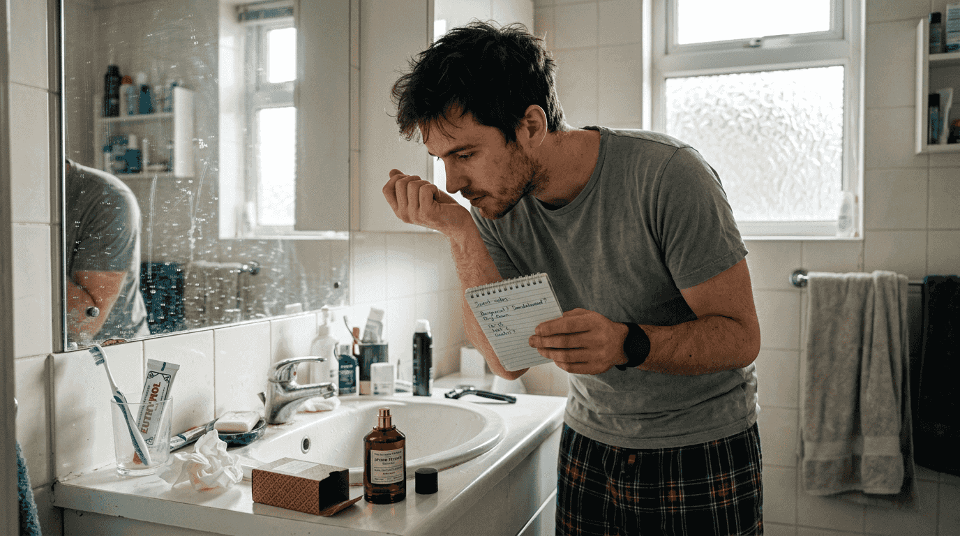 Man tracking scent changes at bathroom sink