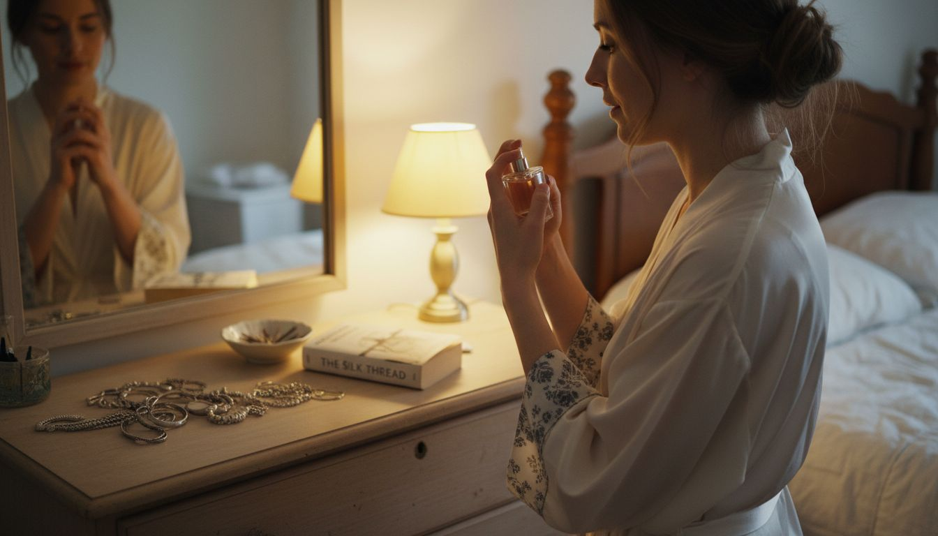 Woman applying perfume at home mirror