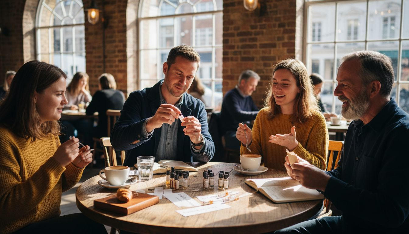 Fragrance fans sharing samples in café