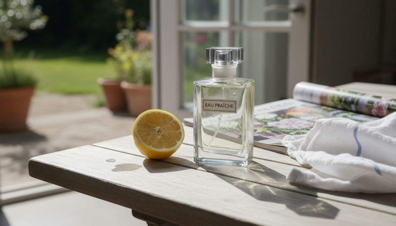 Perfume bottle with lemon on patio table