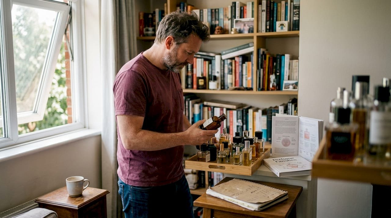 Perfume enthusiast selecting fragrances from shelf