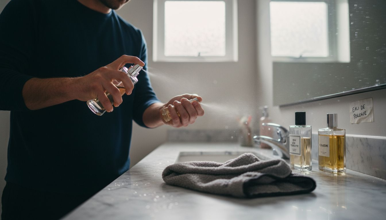 Man layering fragrances on forearm in bathroom
