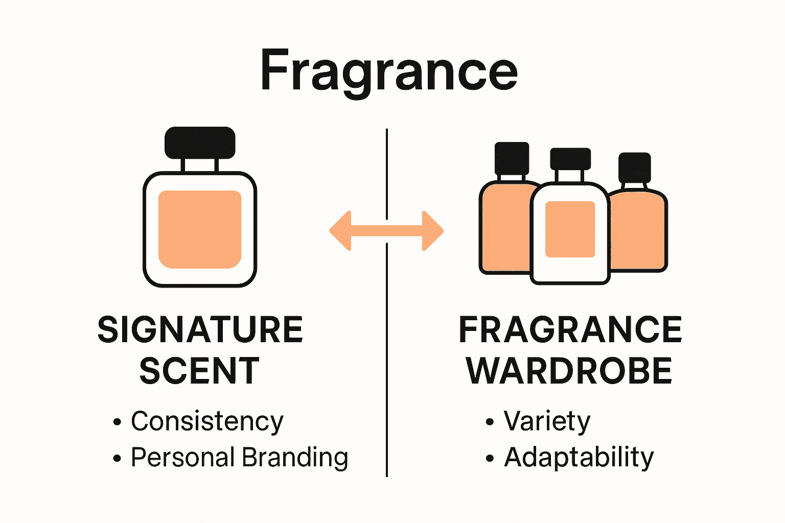 Infographic comparing signature scent and fragrance wardrobe approaches.
