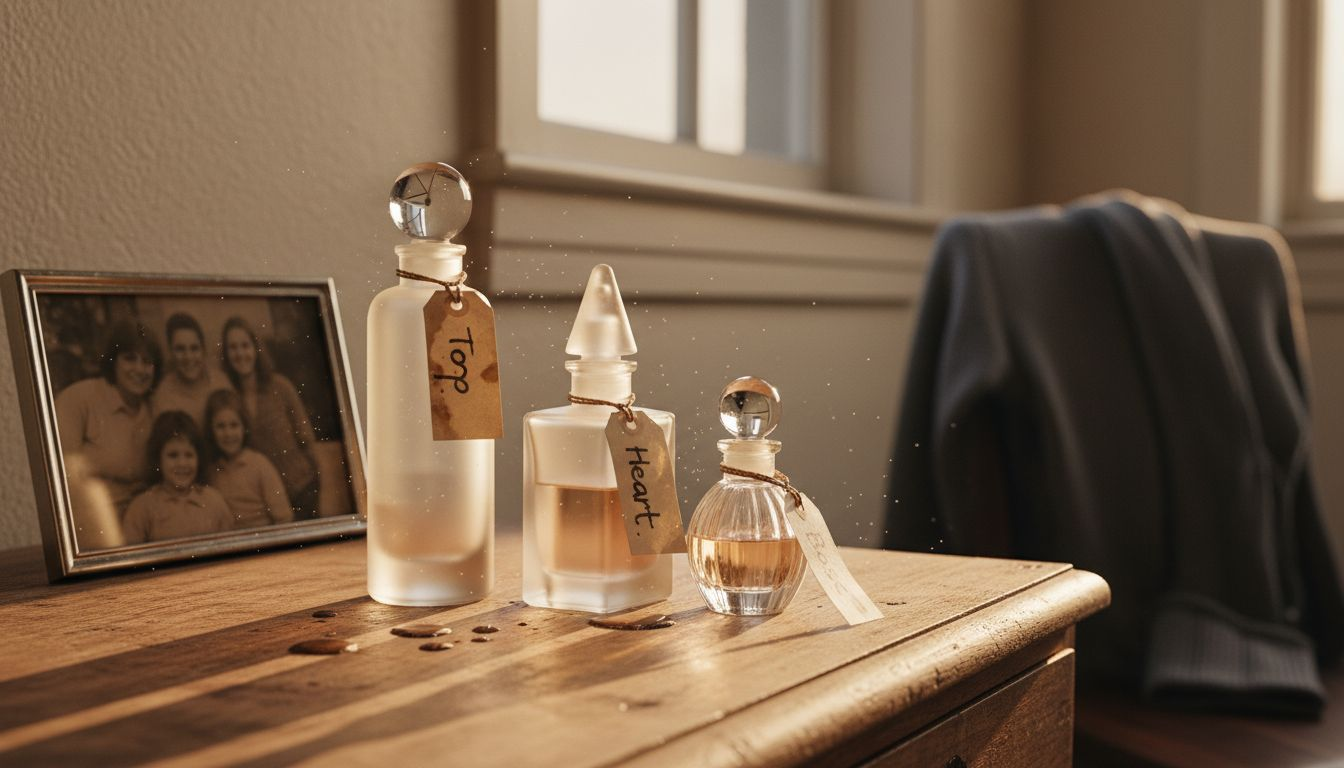 Three labeled perfume bottles for fragrance layers