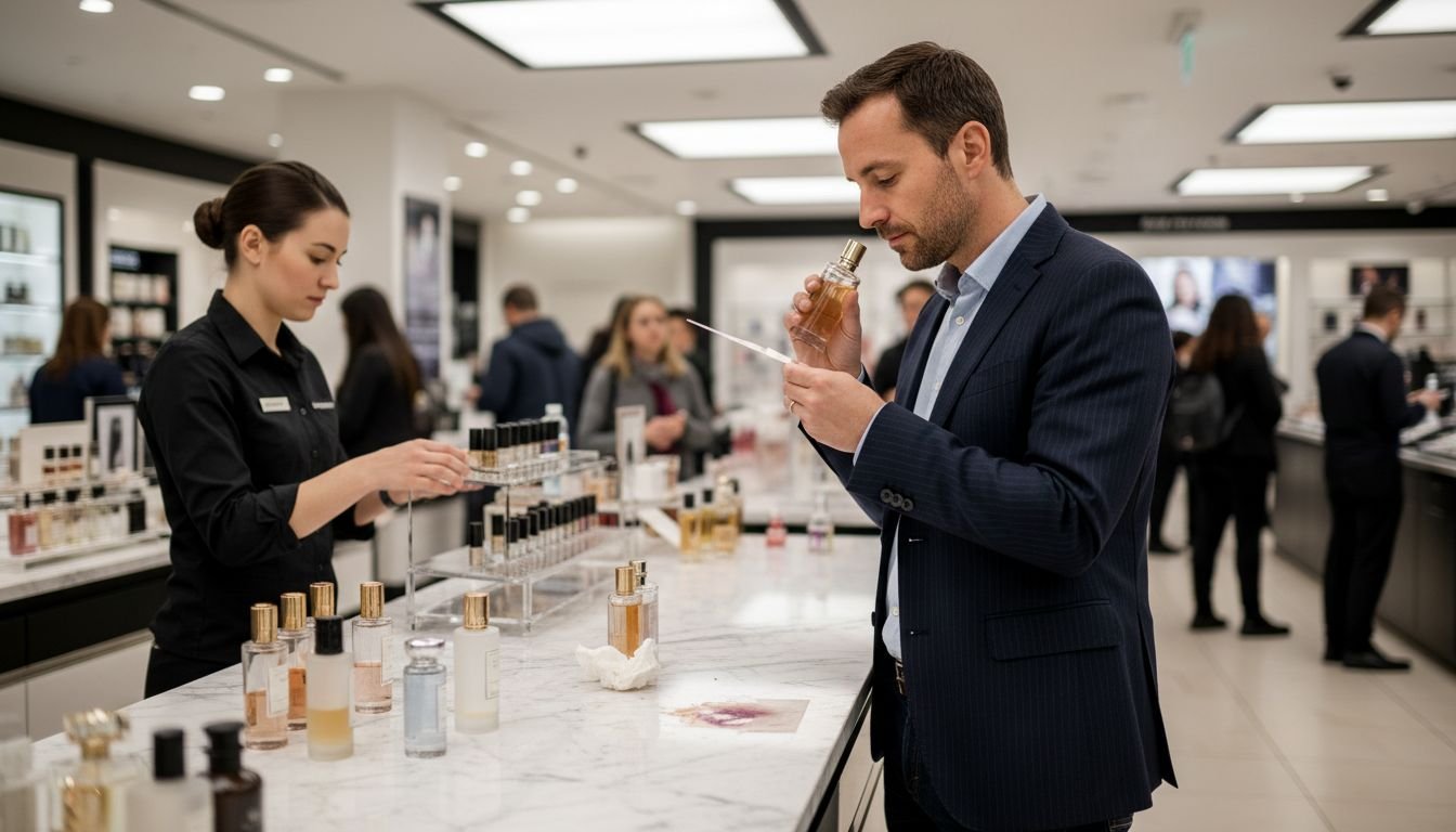 Man testing perfume in a department store