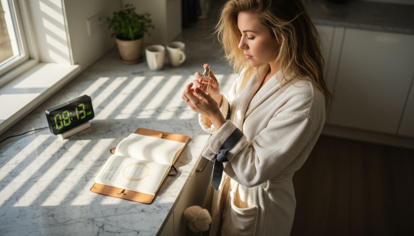 Woman checking perfume scent longevity at home