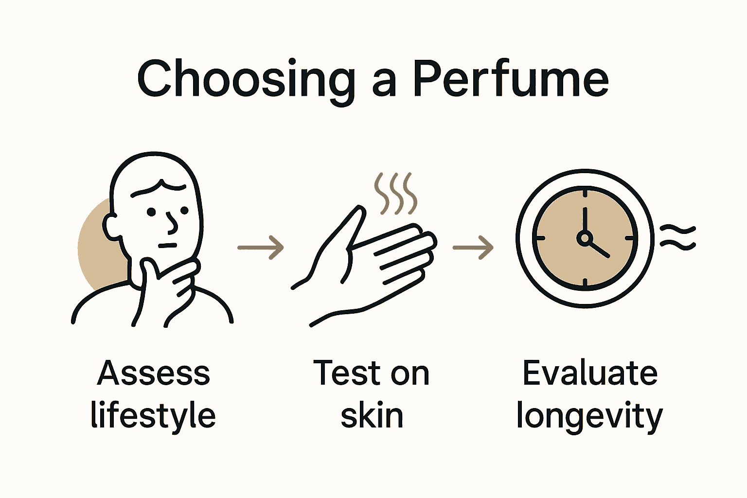 Infographic outlining perfume selection steps with icons representing personal assessment, testing on skin, and evaluating longevity.