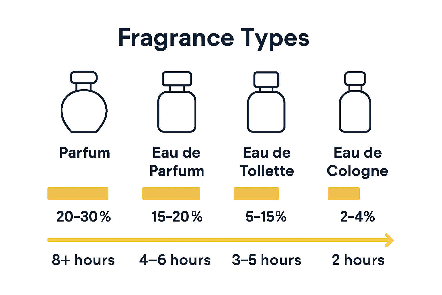 Infographic comparing concentration and longevity of main fragrance types