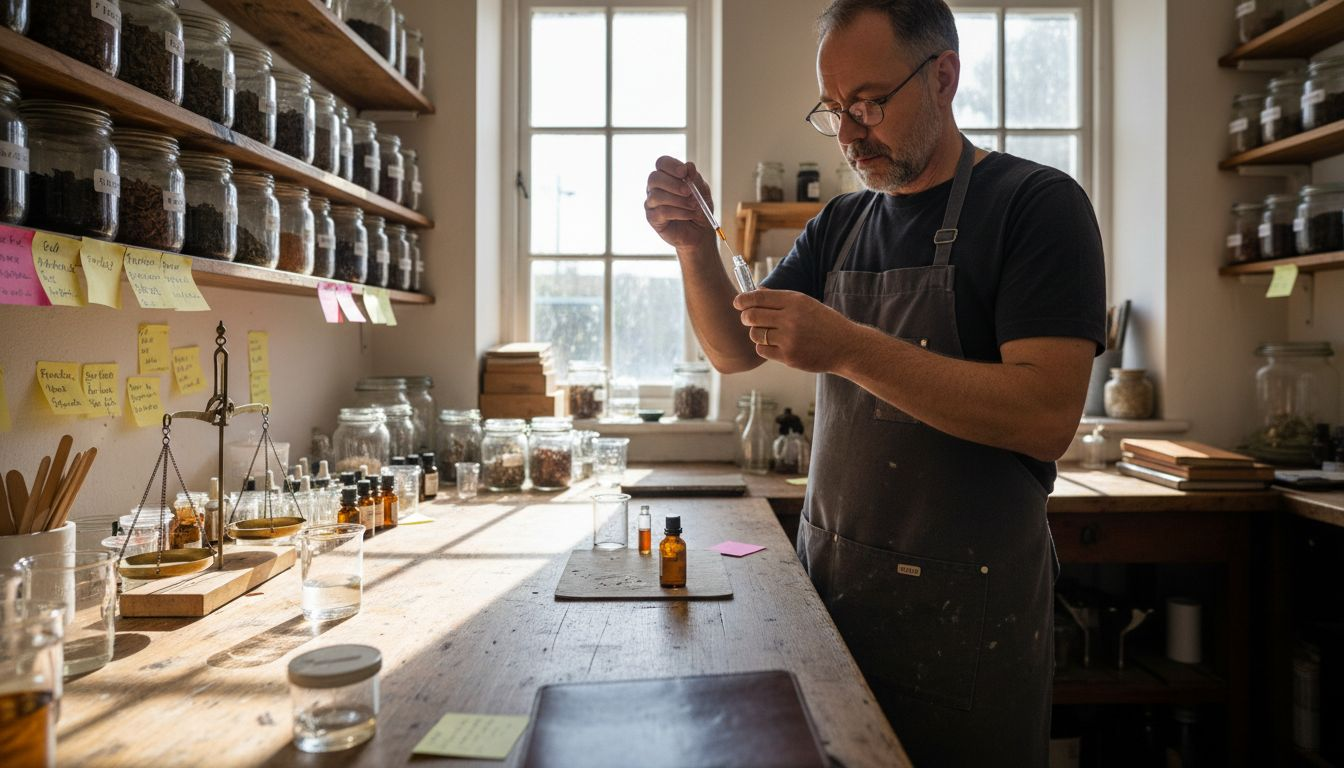 Perfumer mixing rare oils in studio