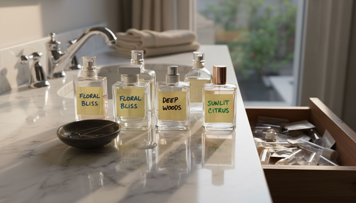 Assorted perfume bottles with scent labels