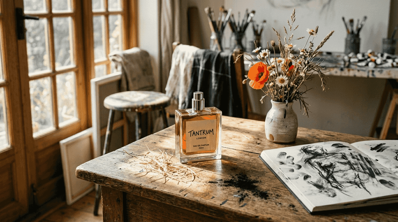 Perfume bottle on wood table with wildflowers