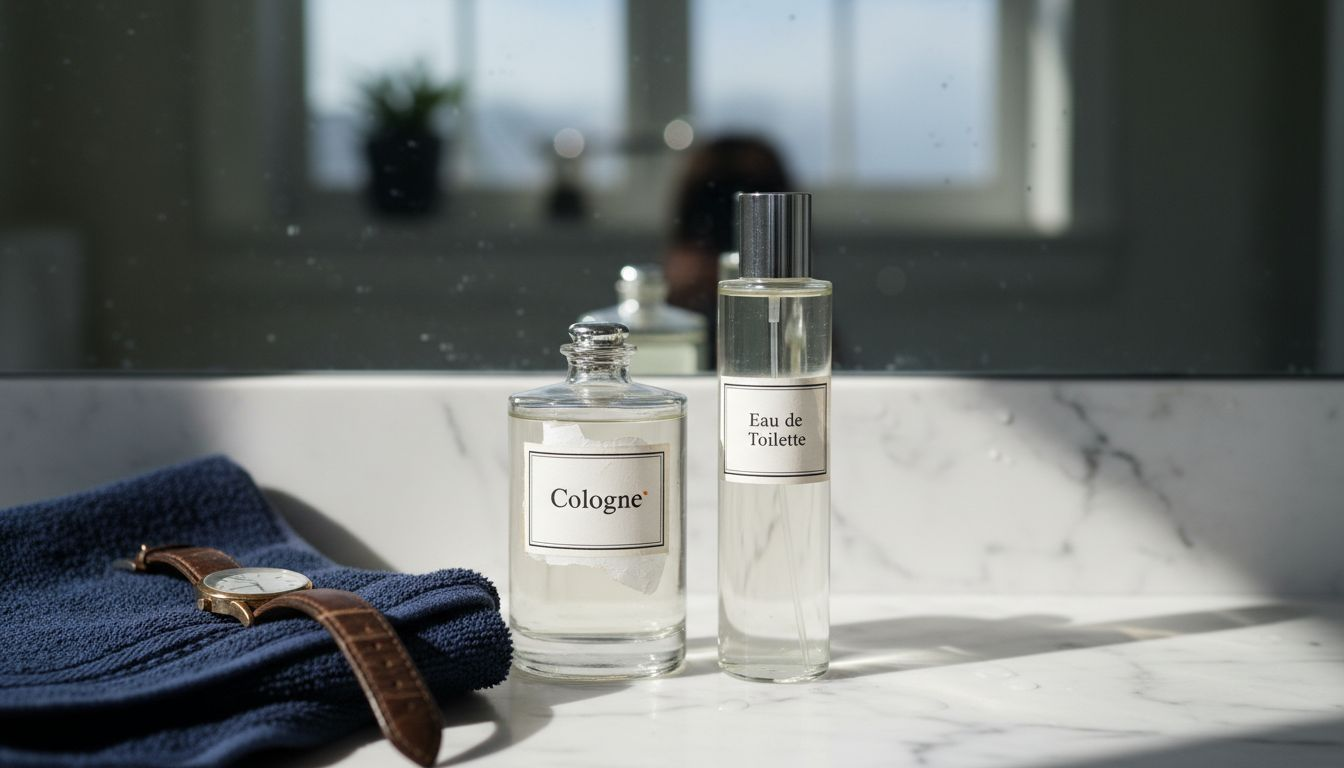 Side-by-side cologne and eau de toilette bottles