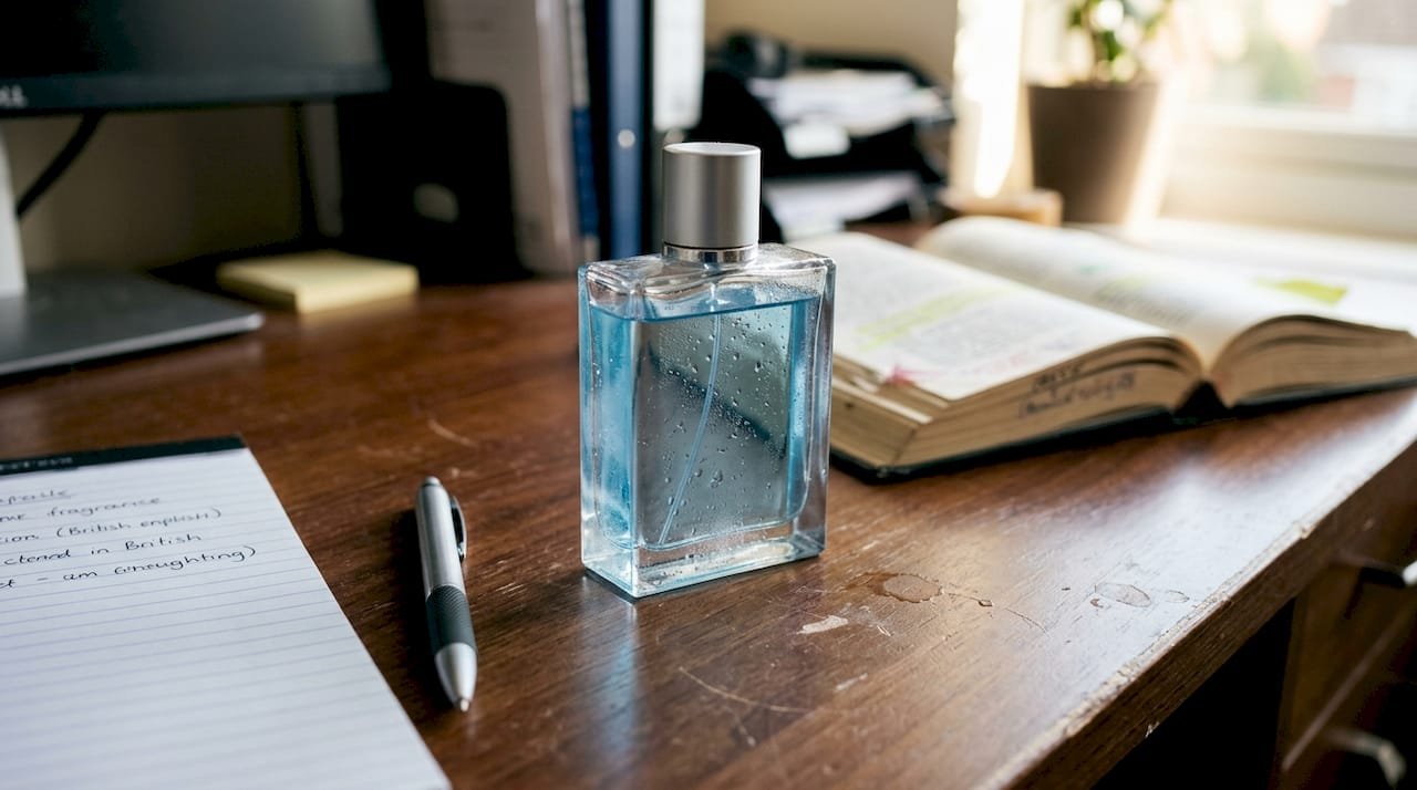 Aquatic fragrance bottle with desk essentials