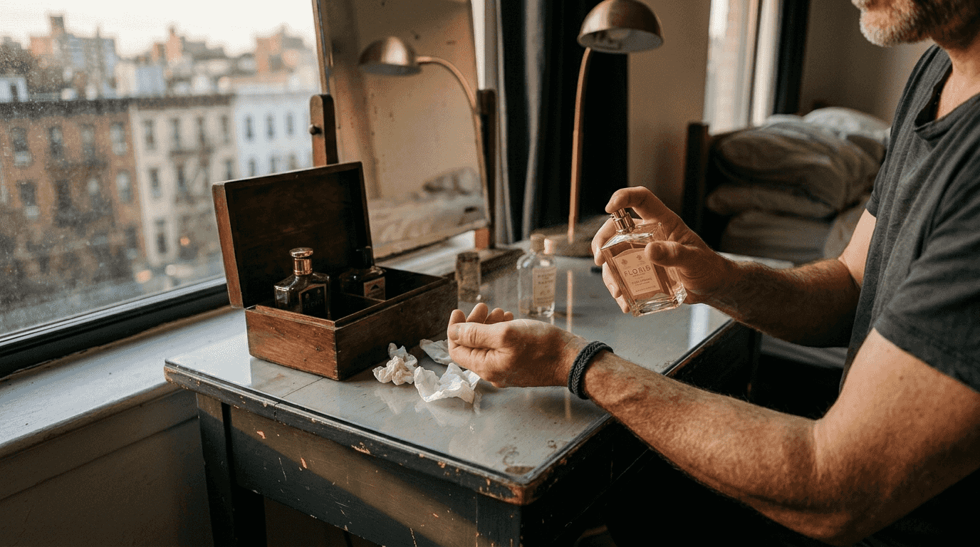 Man applying perfume to wrist at vanity