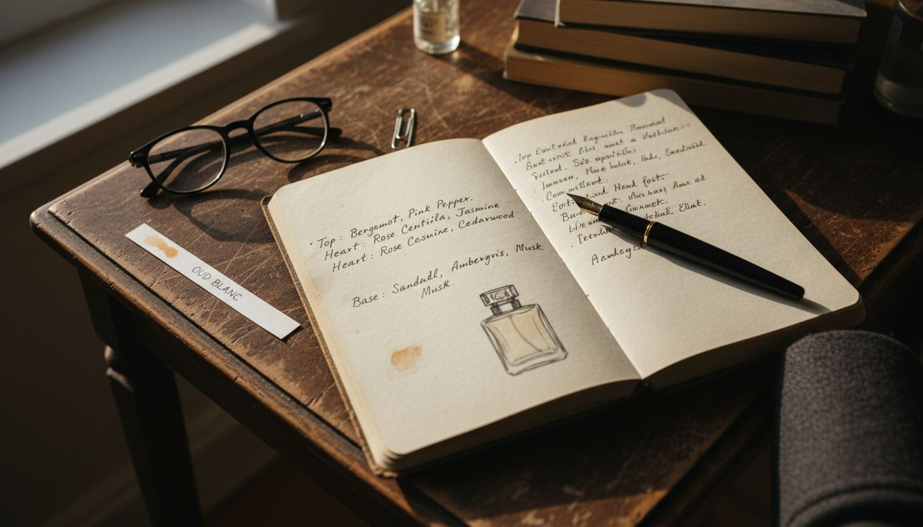 Handwritten fragrance journal entry close-up
