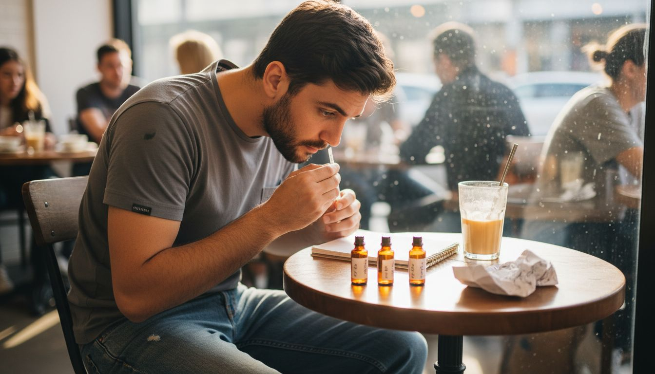 Man comparing fragrance samples in café