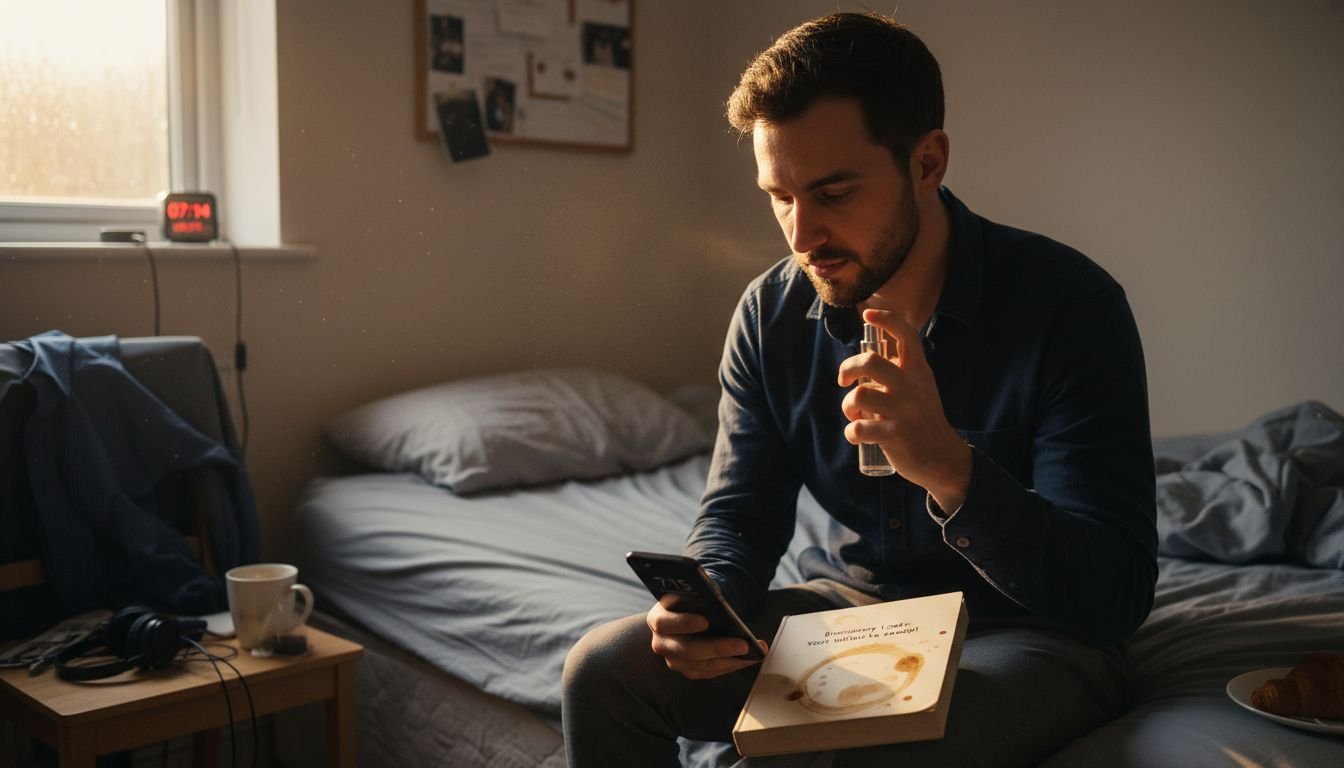 Man applies fragrance at messy bedside