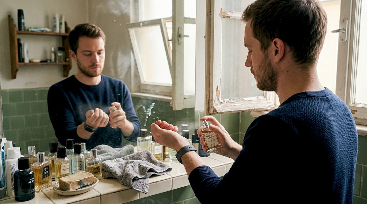 Man applying fragrance in cluttered bathroom
