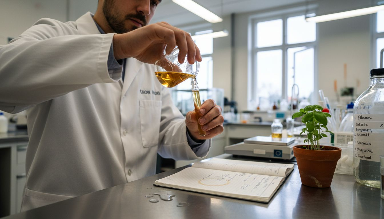 Chemist blending fragrances in glass vials
