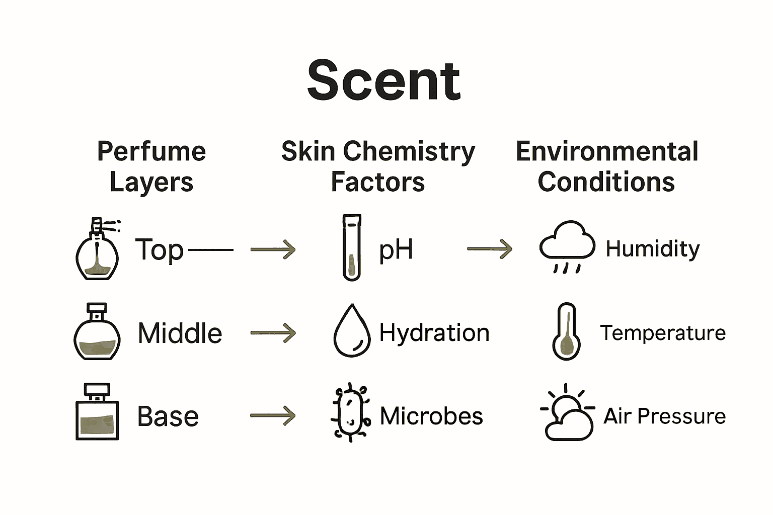 Infographic comparing perfume layers, skin chemistry factors, and environmental effects.