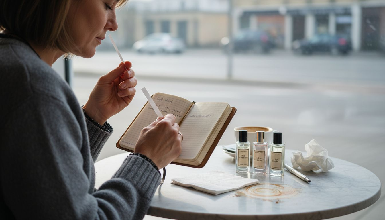 Person writing fragrance notes in journal