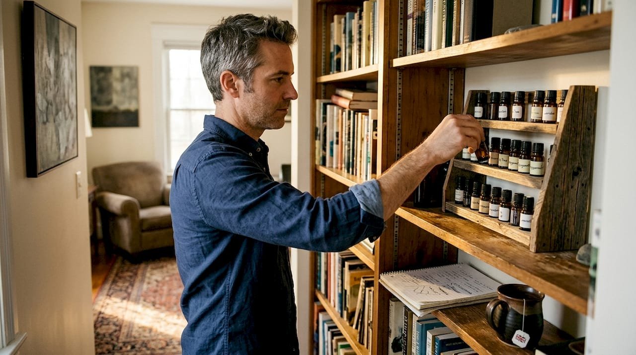 Man selecting essential oil from shelf