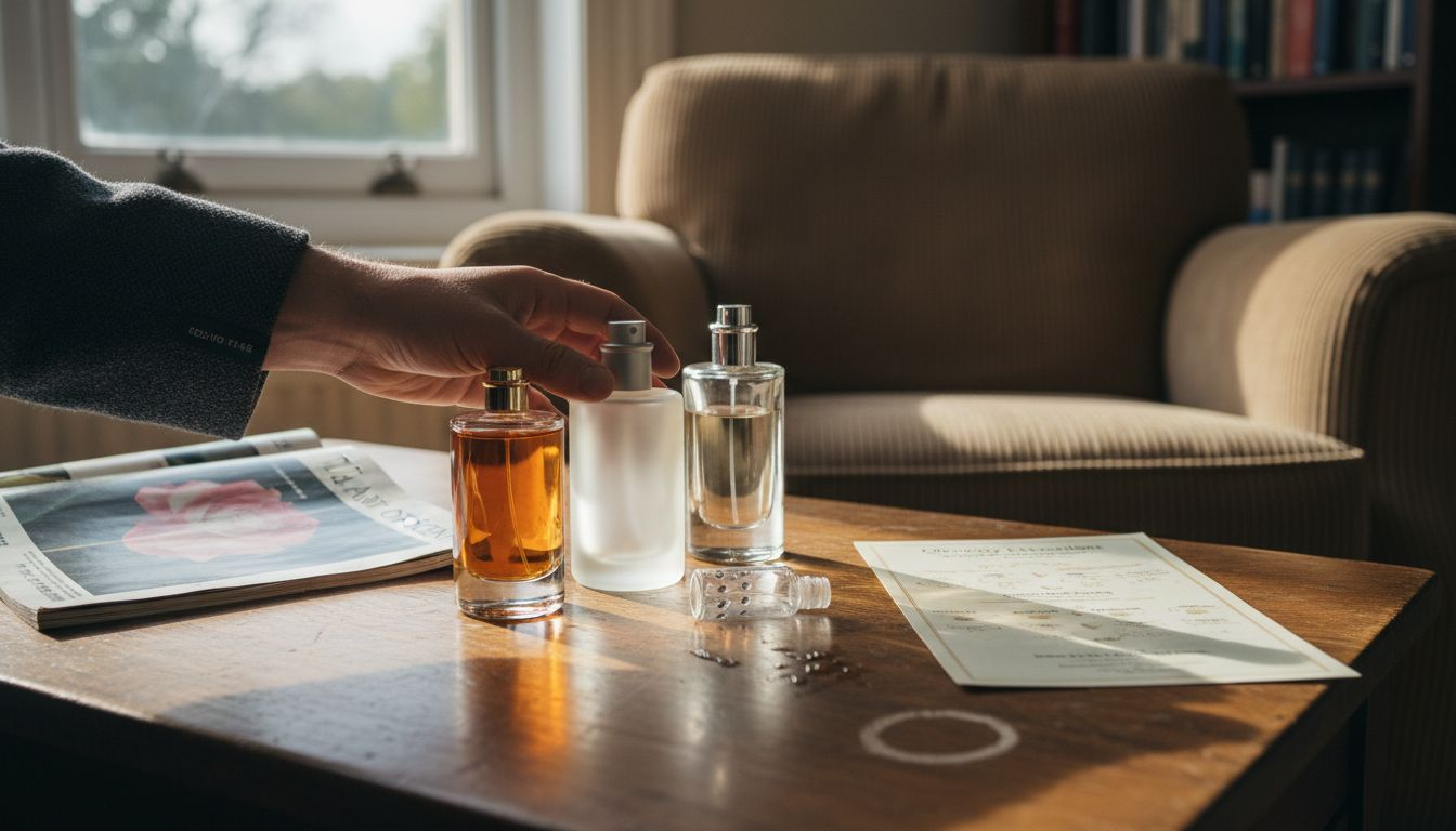 Perfume bottles beside fragrance chart and vial