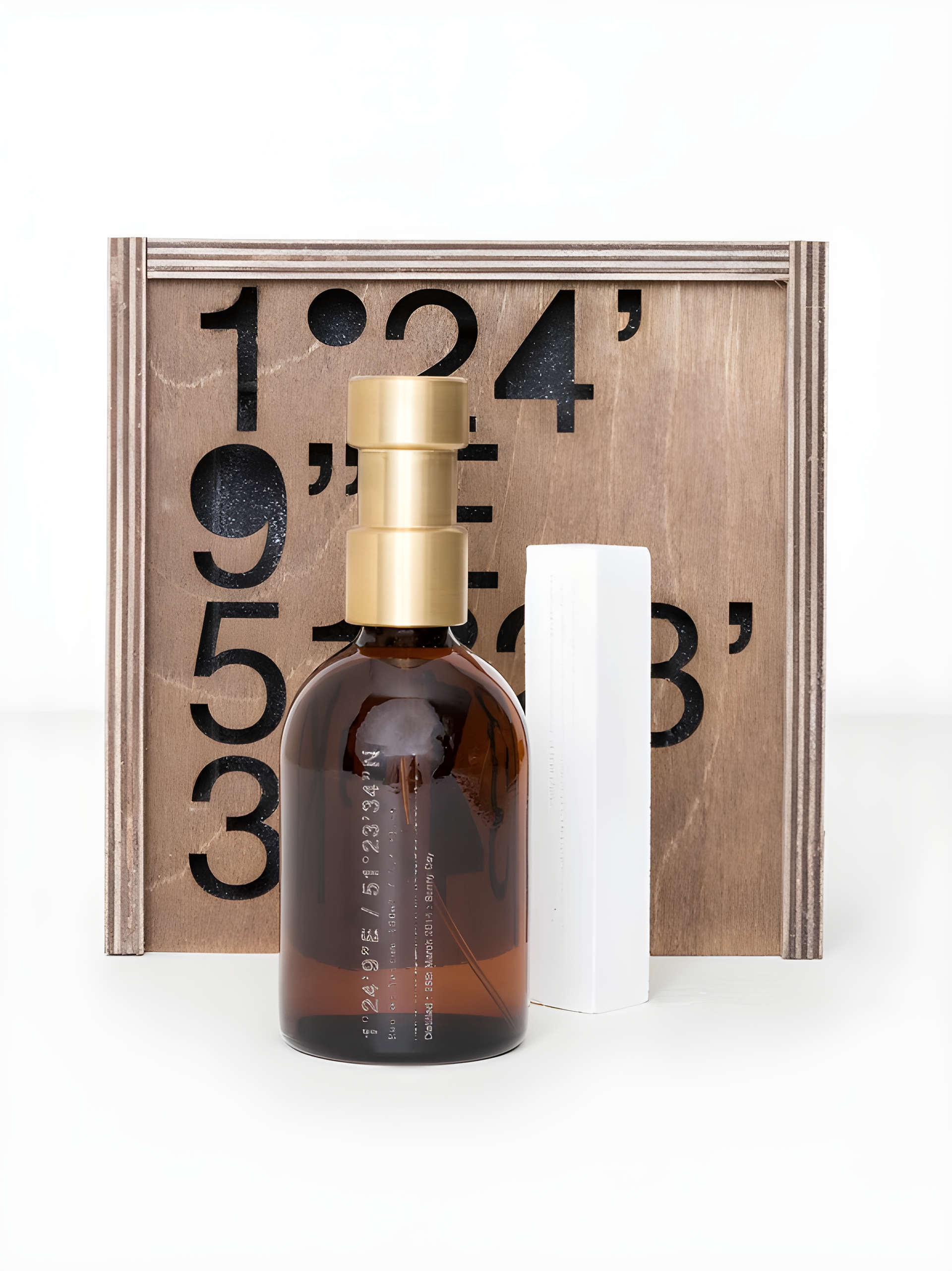 1° 24’ 9”E / 51° 23’ 34”N by Haeckels perfume bottle