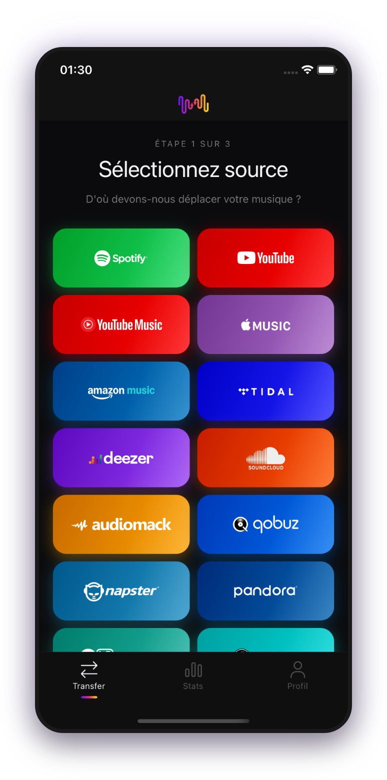 FreeYourMusic mobile — sélection de la source