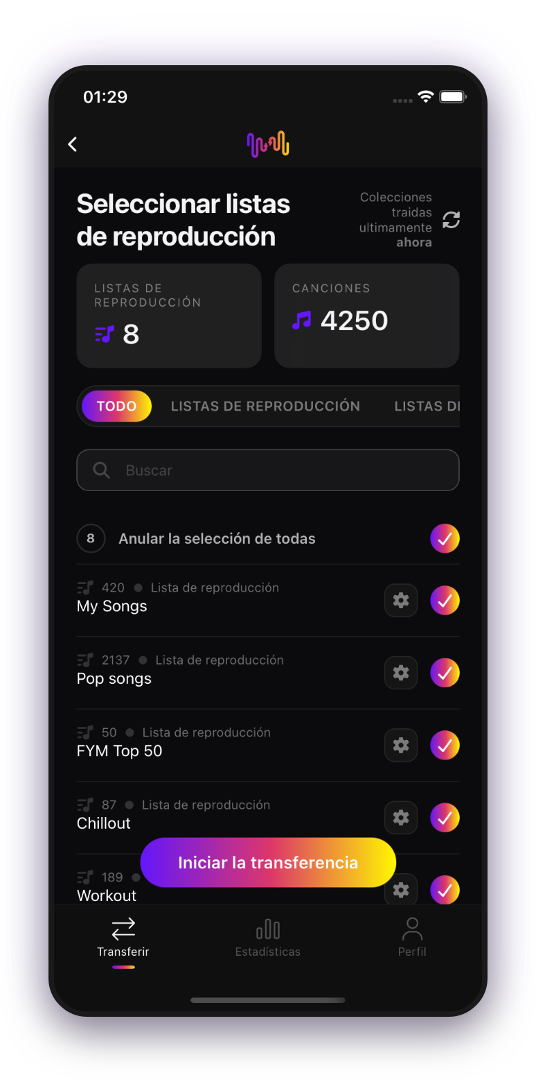 FreeYourMusic móvil — seleccionar listas de reproducción
