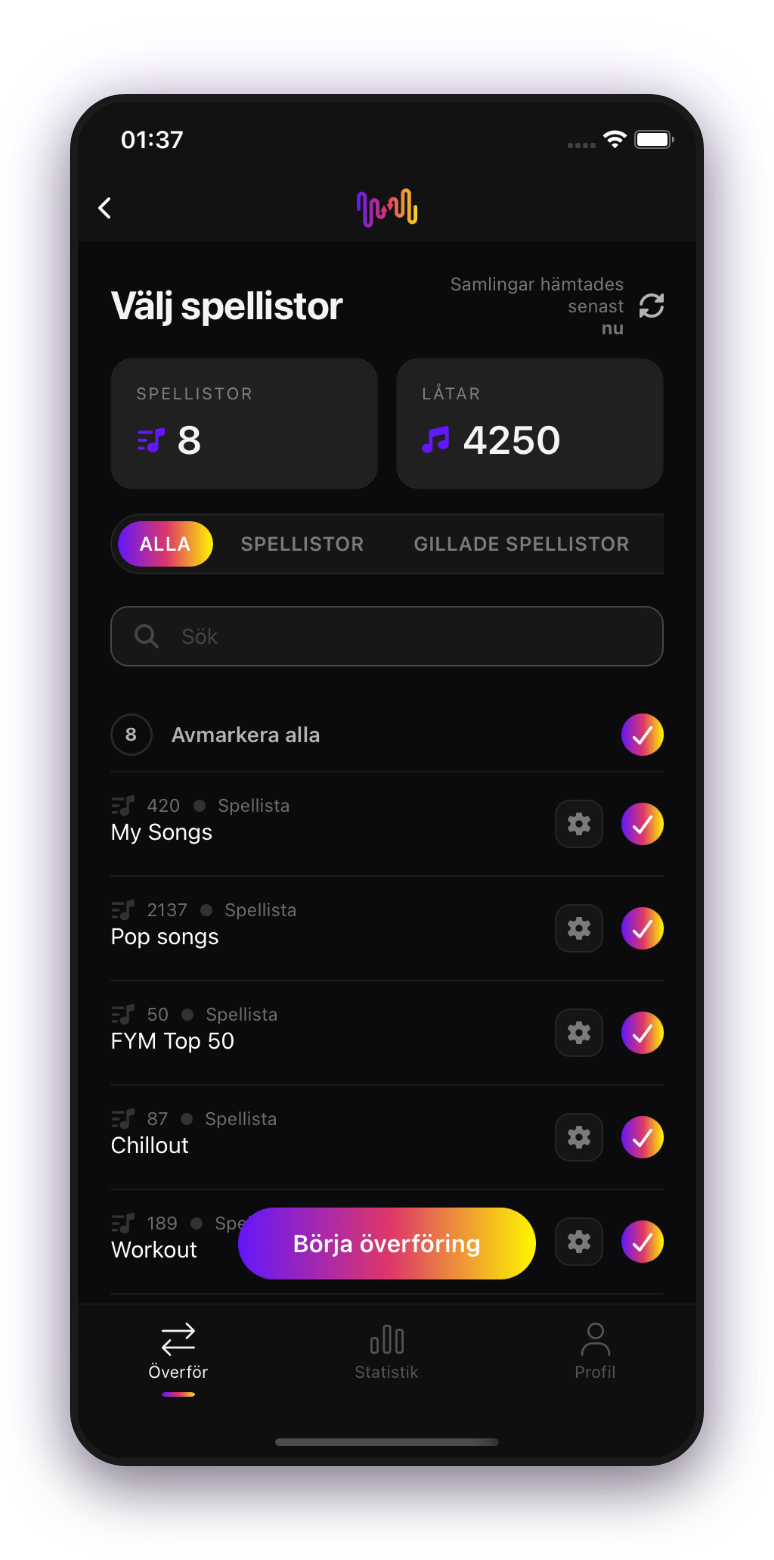 FreeYourMusic mobil — välj spellistor
