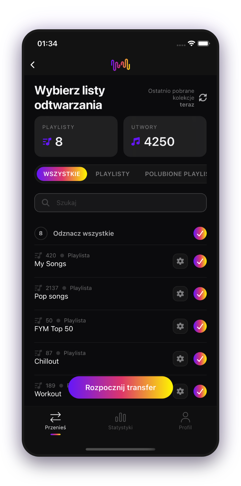 FreeYourMusic mobile — wybór playlist